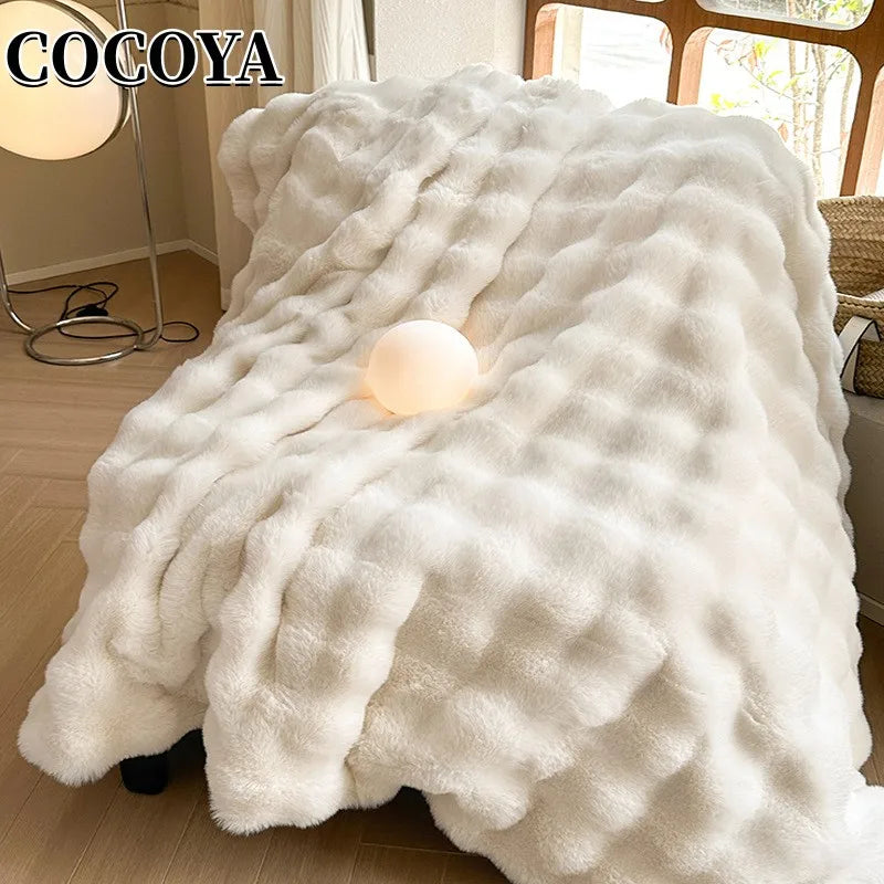 Luxury Faux Rabbit Fur Blankets for Beds Winter Fluffy Plush Throw Blanket Bedroom Sofa Cover Pillowcase Ultra Soft Bubble Throw